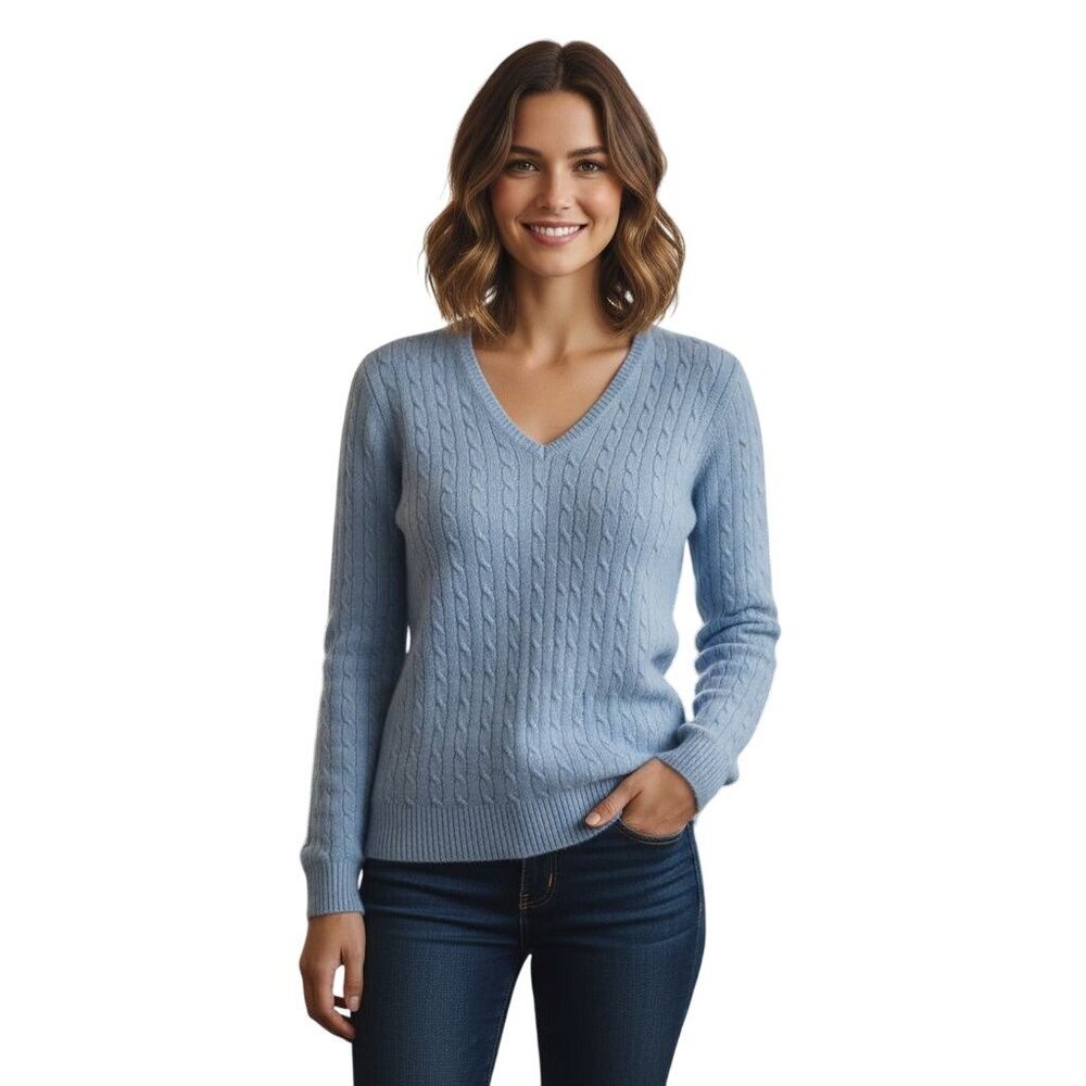 J.Crew Baby Blue 100% Cashmere V Neck CableKnit Sweater Quiet Luxury Size M